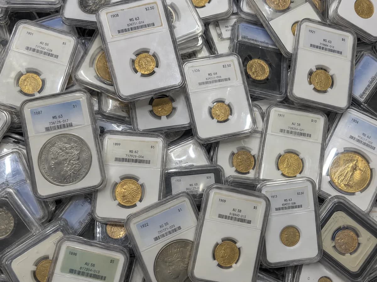 Pile of certified gold and silver coins in grading holders